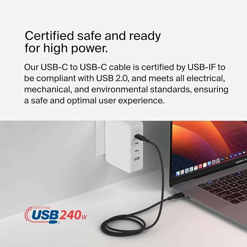 Belkin USB C to USB C Cable, 6.6ft, 240W - Type C Charger, iPhone Charger Cord, Fast Charging for iPhone 16, Galaxy S25, Pixel 9, MacBook, Chromebook, iPad Pro, Switch Steam Deck - Black - Image 5