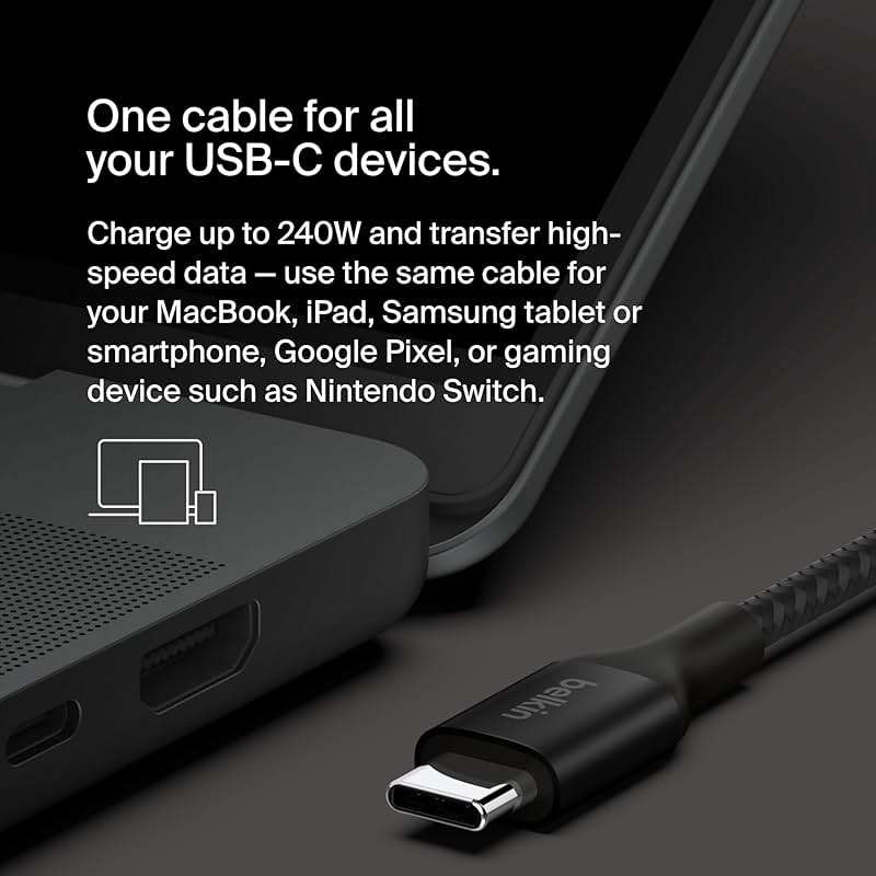 Belkin USB C to USB C Cable, 6.6ft, 240W - Type C Charger, iPhone Charger Cord, Fast Charging for iPhone 16, Galaxy S25, Pixel 9, MacBook, Chromebook, iPad Pro, Switch Steam Deck - Black - Image 7