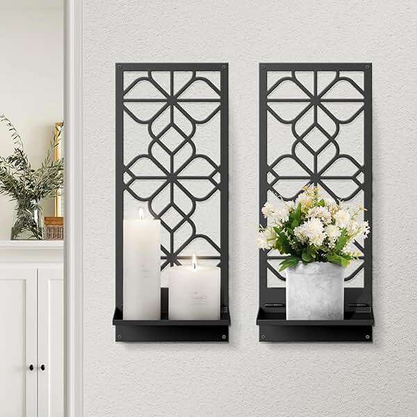 Black Metal Wall Candle Holder Set of 2, Boho Vintage Farmhouse Bathroom Wall Art, 3D Rustic Aesthetic Line Decor for Entryway, Hallway, Bedroom, Office, Living Room - Meaningful Gift (16.5 x 7 in) - Image 1