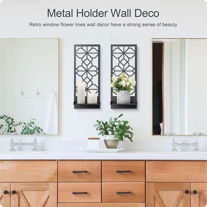 Black Metal Wall Candle Holder Set of 2, Boho Vintage Farmhouse Bathroom Wall Art, 3D Rustic Aesthetic Line Decor for Entryway, Hallway, Bedroom, Office, Living Room - Meaningful Gift (16.5 x 7 in) - Image 3