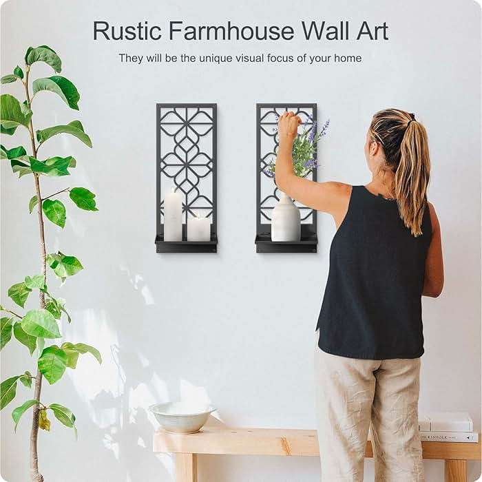 Black Metal Wall Candle Holder Set of 2, Boho Vintage Farmhouse Bathroom Wall Art, 3D Rustic Aesthetic Line Decor for Entryway, Hallway, Bedroom, Office, Living Room - Meaningful Gift (16.5 x 7 in) - Image 5