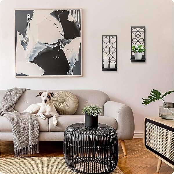 Black Metal Wall Candle Holder Set of 2, Boho Vintage Farmhouse Bathroom Wall Art, 3D Rustic Aesthetic Line Decor for Entryway, Hallway, Bedroom, Office, Living Room - Meaningful Gift (16.5 x 7 in) - Image 8