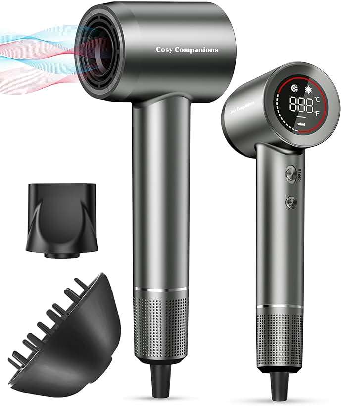Cosy Companions Hair Dryer - Negative Ionic Blow Dryer with 150000 RPM High Speed Brushless Motor for Fast Drying, Low Noise, HD Display Hair Dryer with Diffuser and Nozzle, 5 Temps & 2 Speeds - Image 1