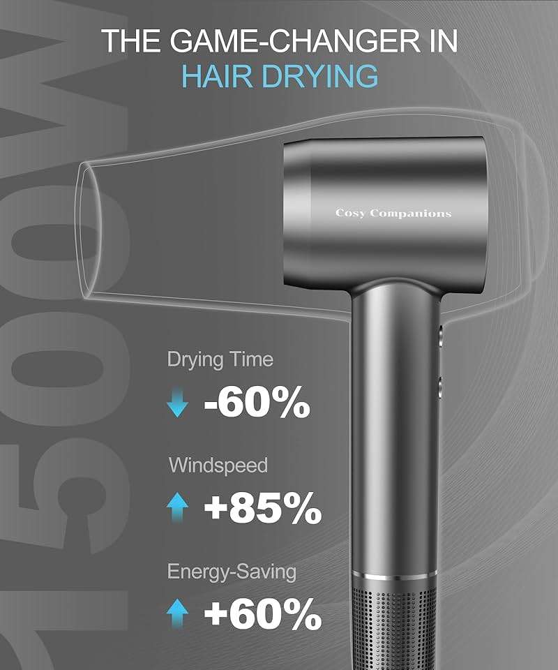 Cosy Companions Hair Dryer - Negative Ionic Blow Dryer with 150000 RPM High Speed Brushless Motor for Fast Drying, Low Noise, HD Display Hair Dryer with Diffuser and Nozzle, 5 Temps & 2 Speeds - Image 4