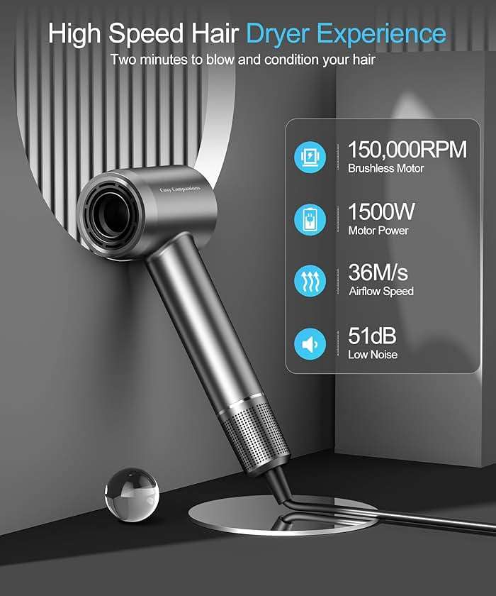 Cosy Companions Hair Dryer - Negative Ionic Blow Dryer with 150000 RPM High Speed Brushless Motor for Fast Drying, Low Noise, HD Display Hair Dryer with Diffuser and Nozzle, 5 Temps & 2 Speeds - Image 8