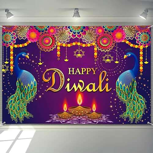 Extra Large Happy Diwali Banner 72" x 48" India Festival of Lights Peacock Diwali Backdrop Decorations Party Supplies Photography Background for Indoor Outdoor Garden,Yard,Party Home Decor - Image 1