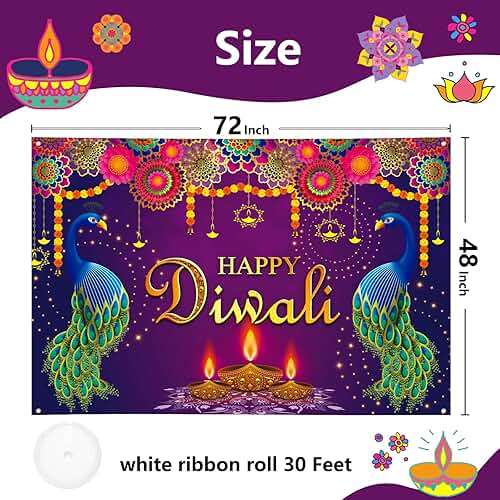 Extra Large Happy Diwali Banner 72" x 48" India Festival of Lights Peacock Diwali Backdrop Decorations Party Supplies Photography Background for Indoor Outdoor Garden,Yard,Party Home Decor - Image 2