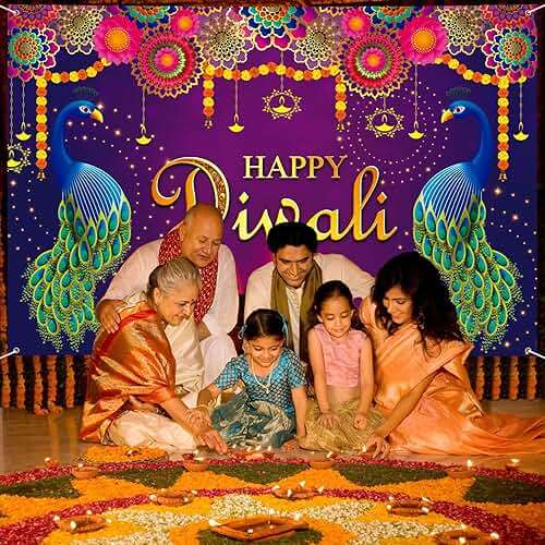 Extra Large Happy Diwali Banner 72" x 48" India Festival of Lights Peacock Diwali Backdrop Decorations Party Supplies Photography Background for Indoor Outdoor Garden,Yard,Party Home Decor - Image 4
