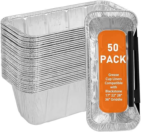 Whaleme 50-Pack Griddle Accessories for Blackstone - Grease Cup Liners Compatible with Blackstone 5017 Griddle, Aluminum Foil Drip Pan Disposable Grease Catcher Tray for 17, 22, 28, 36 Inch - Image 1