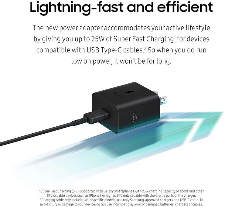 Samsung 25W Wall Charger Power Adapter with Cable, Super Fast Charging, Compact Design, Energy Efficient, Compatible with Galaxy and USB Type C Devices, Black - Image 5