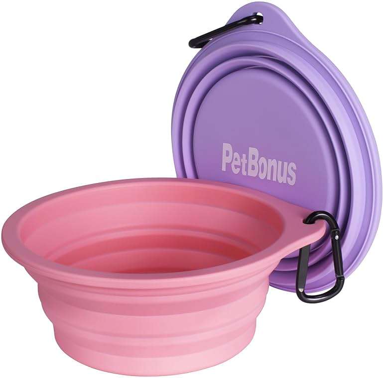 PetBonus 2-Pack Silicone Collapsible Dog Bowls, BPA Free Dishwasher Safe, Portable Foldable Expandable Travel Bowl, Food Water Feeding Cup Dish for Dogs Cats with 2 Carabiners (Purple, Pink) - Image 7
