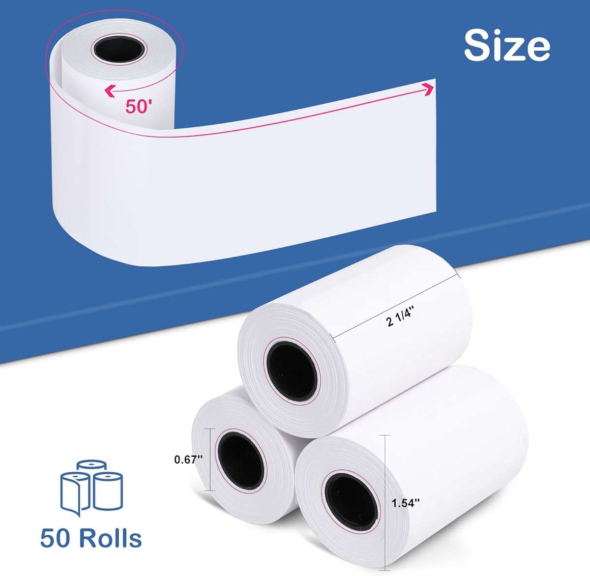 Razuvo 2 1/4" x 50' Thermal Paper Rolls (50 Rolls), BPA Free Receipt Paper, 58mm Thermal Receipt Paper Fits Mini POS Thermal Printer, Square Terminal Paper for Small Businesses - Image 2