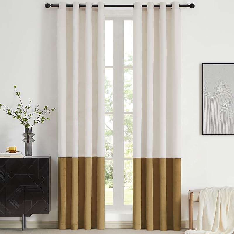 Cream Ivory Gold Velvet Curtains 84 inch Color Block Luxury Elegant Modern Living Room Curtain Light Blocking Thermal Insulated Soundproof Room Darkening Energy Saving Drapes for Bedroom Set of 2 - Image 1