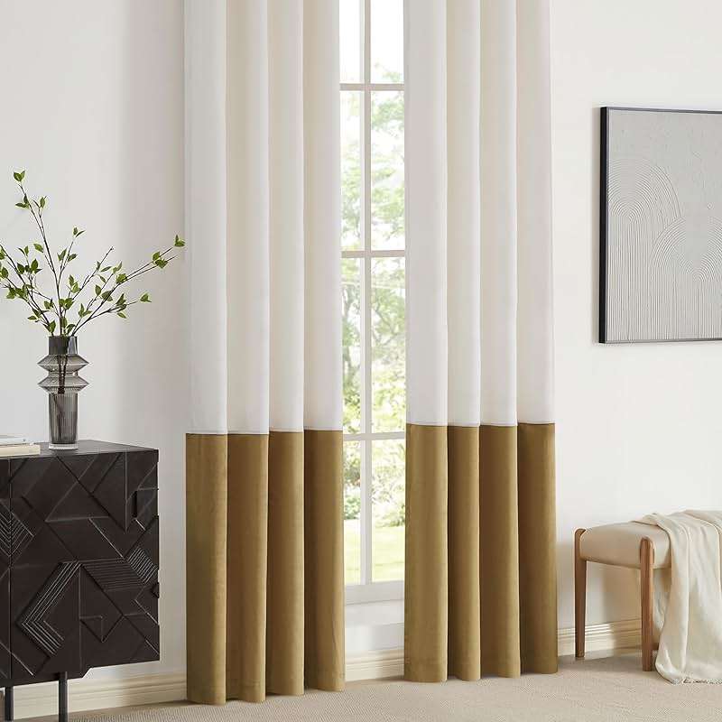 Cream Ivory Gold Velvet Curtains 84 inch Color Block Luxury Elegant Modern Living Room Curtain Light Blocking Thermal Insulated Soundproof Room Darkening Energy Saving Drapes for Bedroom Set of 2 - Image 5