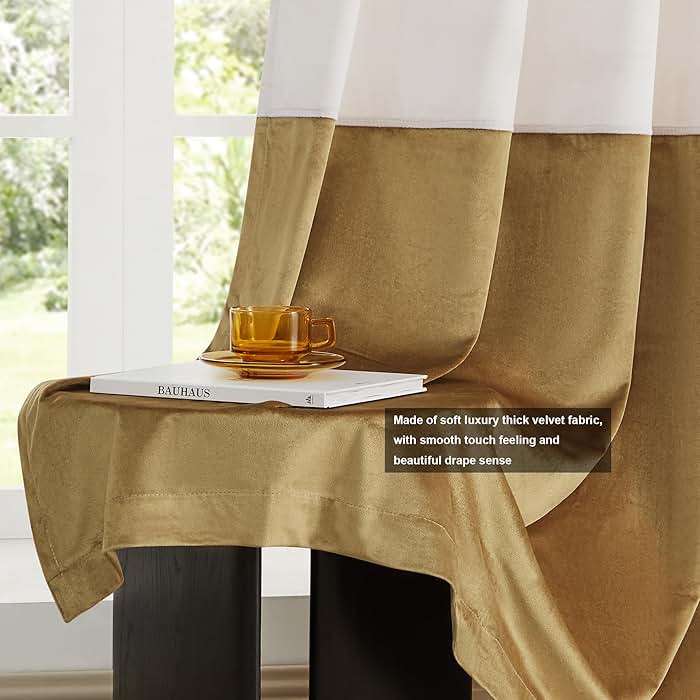 Cream Ivory Gold Velvet Curtains 84 inch Color Block Luxury Elegant Modern Living Room Curtain Light Blocking Thermal Insulated Soundproof Room Darkening Energy Saving Drapes for Bedroom Set of 2 - Image 6