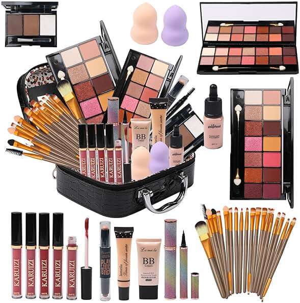 MTDXILTAI All in One Makeup Kit for Makeup storage bag 2X14 Colors Eyeshadow Palette Liquid Foundation Eyeliner Pencils Contouring Stick Lip Gloss 20Pcs Make up Brushes For Women Girls Teens (Black) - Image 1