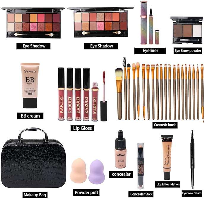 MTDXILTAI All in One Makeup Kit for Makeup storage bag 2X14 Colors Eyeshadow Palette Liquid Foundation Eyeliner Pencils Contouring Stick Lip Gloss 20Pcs Make up Brushes For Women Girls Teens (Black) - Image 2