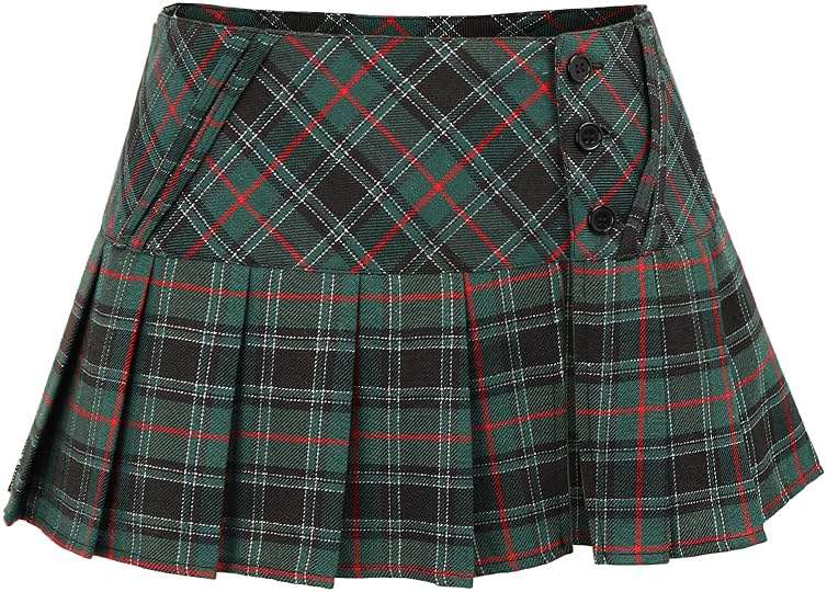FURPHI Mini Plaid Pleated Skirt Women's US Size Low Waist Slit Schoolgirl Uniform - Image 1