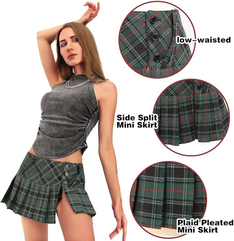 FURPHI Mini Plaid Pleated Skirt Women's US Size Low Waist Slit Schoolgirl Uniform - Image 5