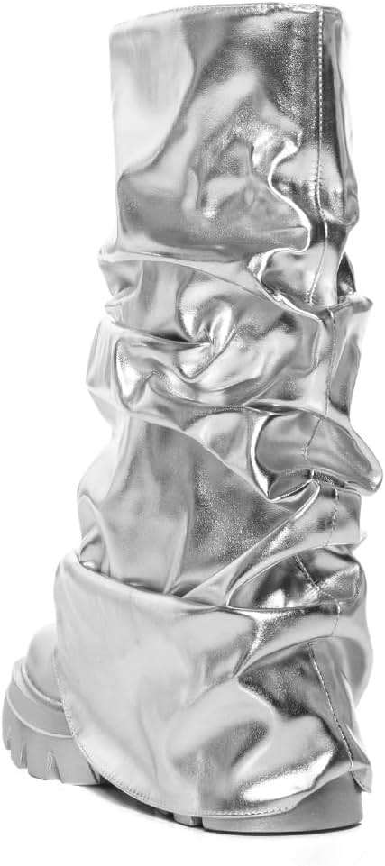 sexytag Women's Metallic Boots Slouchy Foldover Platform Round Toe Western Pull-On Fashion Boots - Image 3