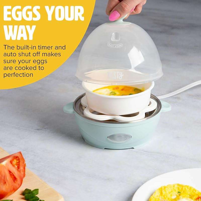 Tasty Mini Rapid Egg Cooker, 5-Egg Capacity for Perfect Hard Boiled Eggs or Omelets, Auto Shut Off, Aqua - Image 2