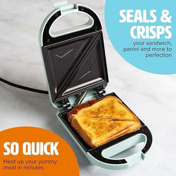 Tasty Mini Sandwich Maker, Makes Sandwiches, Paninis, Grilled Cheese, Desserts, Quick Results, Easy Cleanup, 600W, Aqua - Image 3