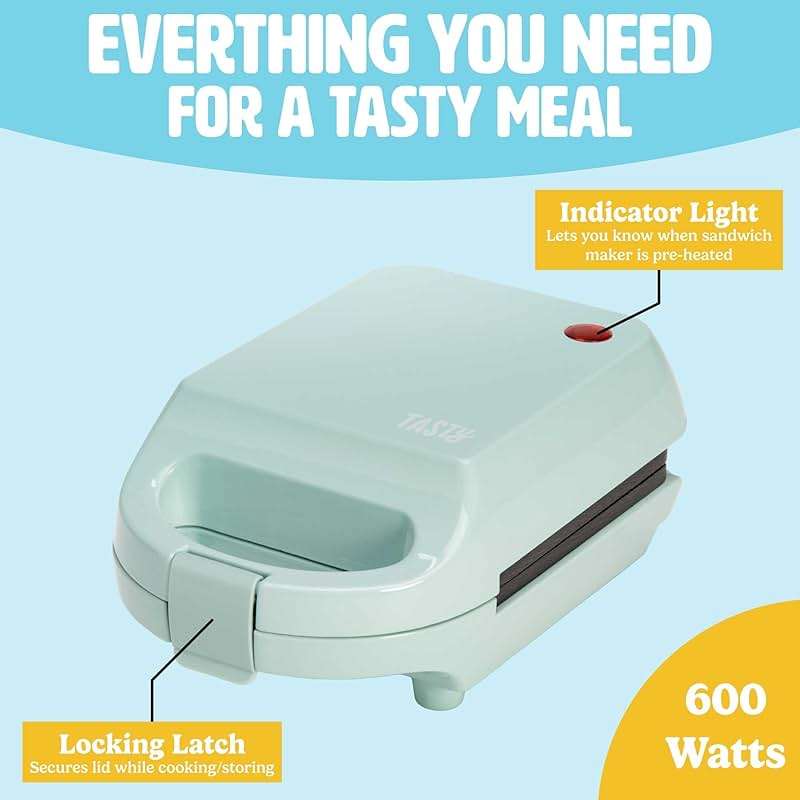 Tasty Mini Sandwich Maker, Makes Sandwiches, Paninis, Grilled Cheese, Desserts, Quick Results, Easy Cleanup, 600W, Aqua - Image 5