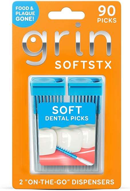 GRIN Softstx, Gentle Dental Picks, 90 Count, Soft Flexible Bristles, Textured Plaque Removing Toothpick, Minty Flavor, for Between Teeth, Refillable Hygienic Case, for Braces, Bridges, and Implants - Image 1