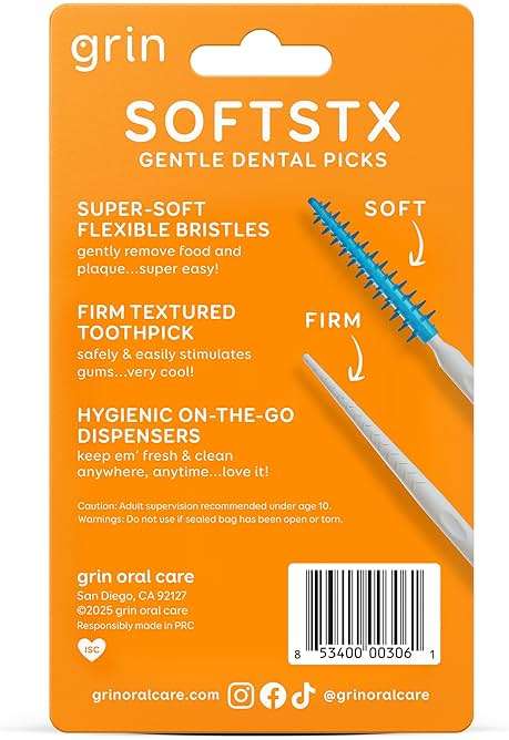GRIN Softstx, Gentle Dental Picks, 90 Count, Soft Flexible Bristles, Textured Plaque Removing Toothpick, Minty Flavor, for Between Teeth, Refillable Hygienic Case, for Braces, Bridges, and Implants - Image 2