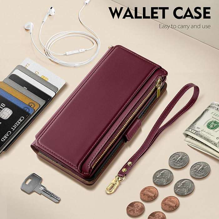 Antsturdy Compatible with iPhone XR Wallet Case,RFID Blocking PU Leather Phone Case Women Men Flip Shockproof Protective Cover with Wrist Strap Zipper Pocket Credit Card Holder Slots,Wine Red - Image 3