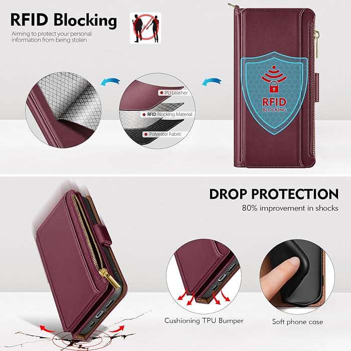 Antsturdy Compatible with iPhone XR Wallet Case,RFID Blocking PU Leather Phone Case Women Men Flip Shockproof Protective Cover with Wrist Strap Zipper Pocket Credit Card Holder Slots,Wine Red - Image 5