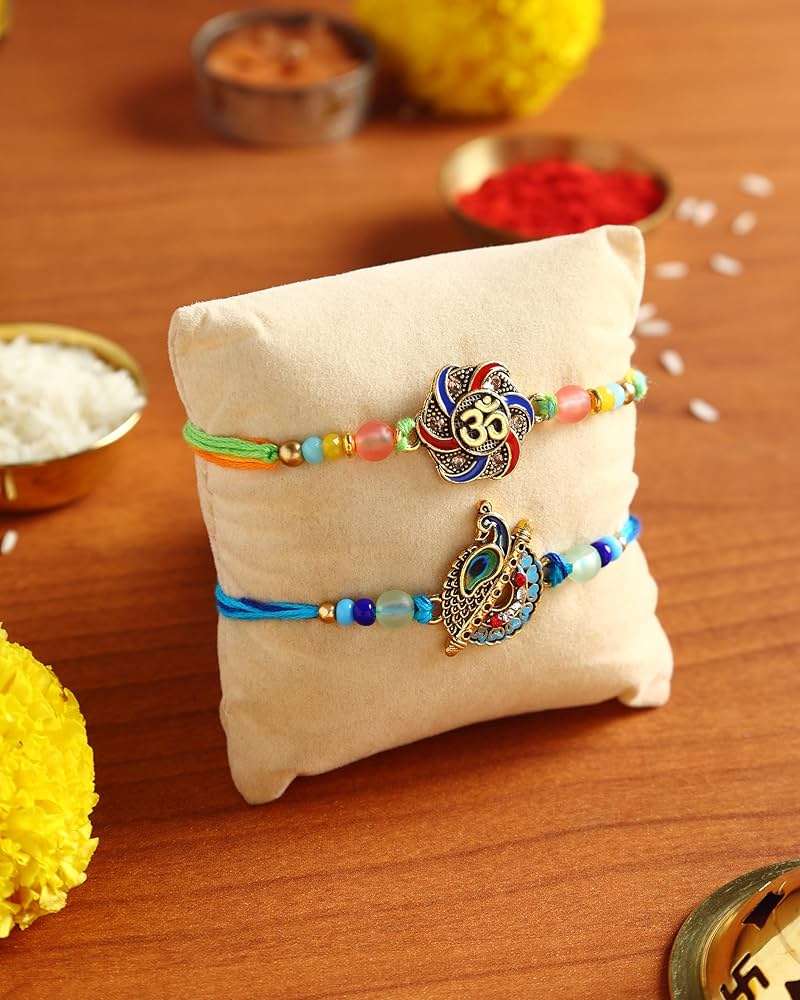 ARTISENIA Premium Designer Set of 2 Rakhi for Brother with Raksha Bandhan Greeting Card | Roli Chawal Tika - Raksha Bandhan Peacock Rakhi for Brother | Rakhi for Bhaiya | Rakhi Thread RNJ0027 - Image 2