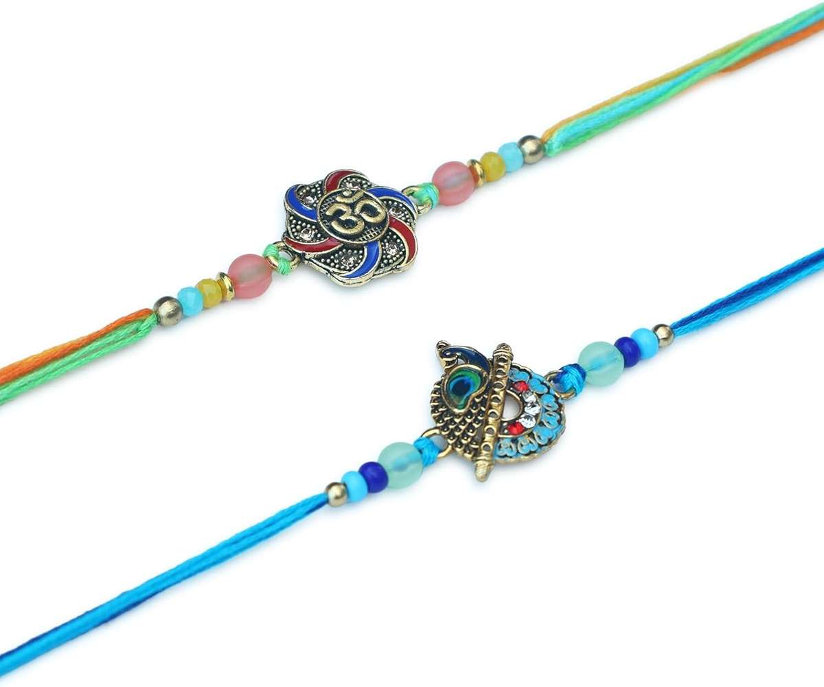 ARTISENIA Premium Designer Set of 2 Rakhi for Brother with Raksha Bandhan Greeting Card | Roli Chawal Tika - Raksha Bandhan Peacock Rakhi for Brother | Rakhi for Bhaiya | Rakhi Thread RNJ0027 - Image 3