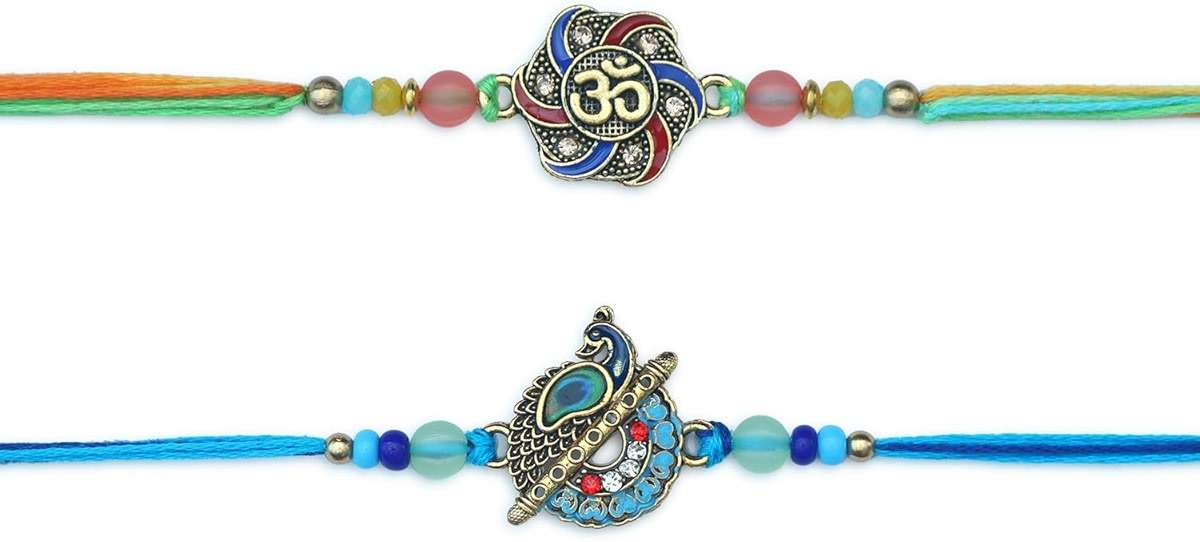 ARTISENIA Premium Designer Set of 2 Rakhi for Brother with Raksha Bandhan Greeting Card | Roli Chawal Tika - Raksha Bandhan Peacock Rakhi for Brother | Rakhi for Bhaiya | Rakhi Thread RNJ0027 - Image 4