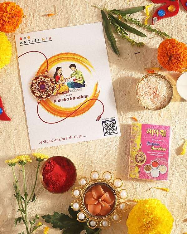 ARTISENIA Premium Designer Set of 2 Rakhi for Brother with Raksha Bandhan Greeting Card | Roli Chawal Tika - Raksha Bandhan Peacock Rakhi for Brother | Rakhi for Bhaiya | Rakhi Thread RNJ0027 - Image 5