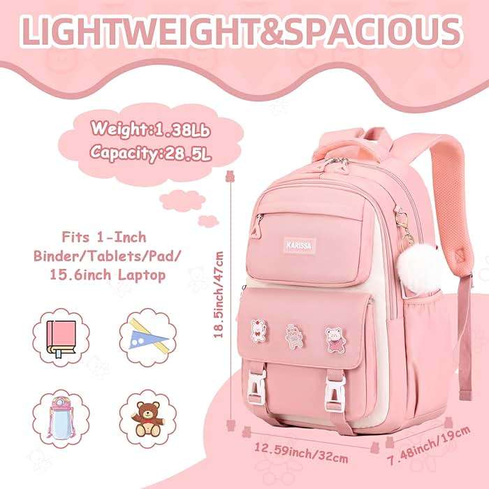 Girls Backpack, Kids Backpack for Girls with Anti-theft Back Pocket, Lightweight School Bookpack, Watrer Resistant, Bookbag for Elementary Primary School, Pink - Image 2
