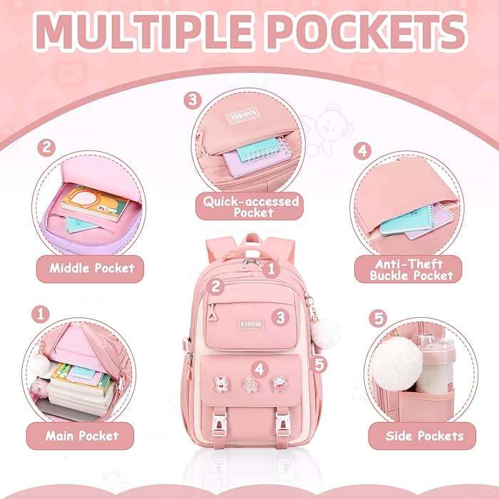 Girls Backpack, Kids Backpack for Girls with Anti-theft Back Pocket, Lightweight School Bookpack, Watrer Resistant, Bookbag for Elementary Primary School, Pink - Image 3