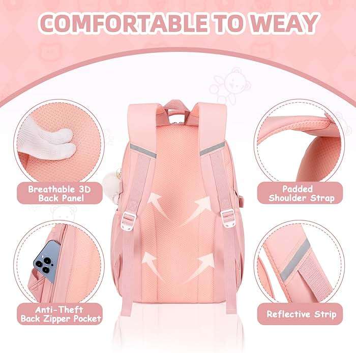 Girls Backpack, Kids Backpack for Girls with Anti-theft Back Pocket, Lightweight School Bookpack, Watrer Resistant, Bookbag for Elementary Primary School, Pink - Image 4
