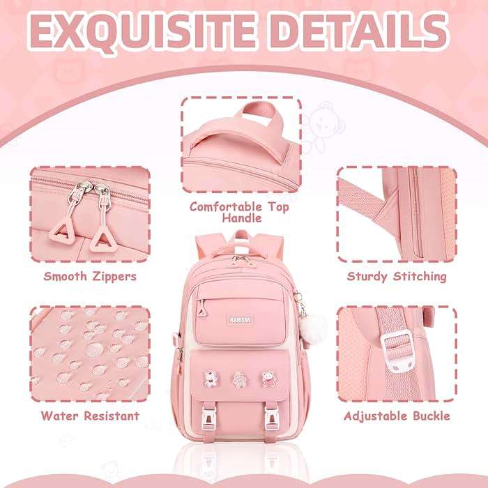 Girls Backpack, Kids Backpack for Girls with Anti-theft Back Pocket, Lightweight School Bookpack, Watrer Resistant, Bookbag for Elementary Primary School, Pink - Image 5