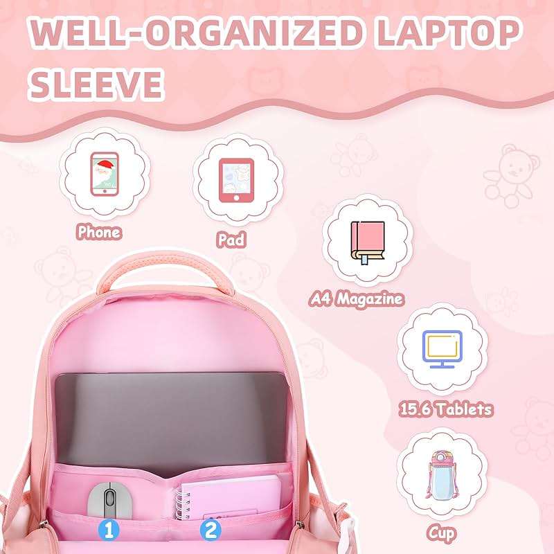 Girls Backpack, Kids Backpack for Girls with Anti-theft Back Pocket, Lightweight School Bookpack, Watrer Resistant, Bookbag for Elementary Primary School, Pink - Image 7