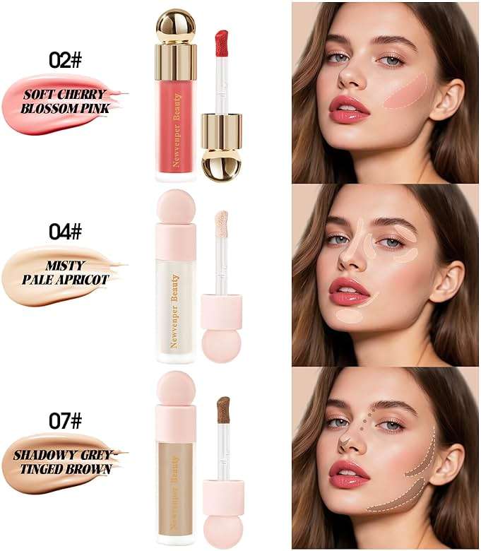 Liquid Contour,Liquid Highlighter, Blush with Face Brush Long Lasting Smooth Lightweight Smudge Proof Contour+ Blush+ Highlighter - Image 2