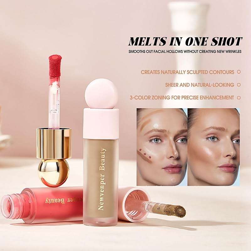 Liquid Contour,Liquid Highlighter, Blush with Face Brush Long Lasting Smooth Lightweight Smudge Proof Contour+ Blush+ Highlighter - Image 8
