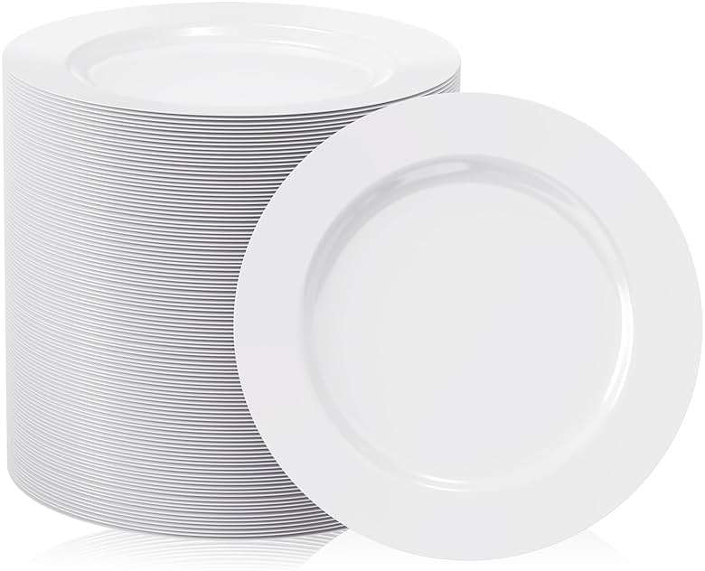 FOCUSLINE 100 Count White Plastic Dessert Plates 7 Inch, Disposable Heavy Duty Plastic Plates for Weddings, Parties and Events - Image 1