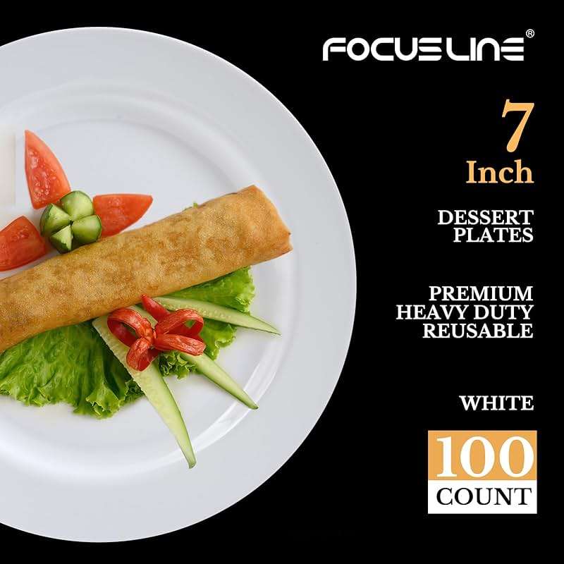 FOCUSLINE 100 Count White Plastic Dessert Plates 7 Inch, Disposable Heavy Duty Plastic Plates for Weddings, Parties and Events - Image 3