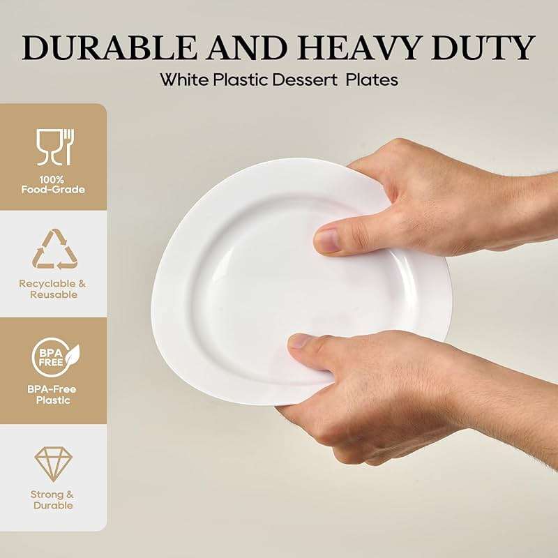 FOCUSLINE 100 Count White Plastic Dessert Plates 7 Inch, Disposable Heavy Duty Plastic Plates for Weddings, Parties and Events - Image 4