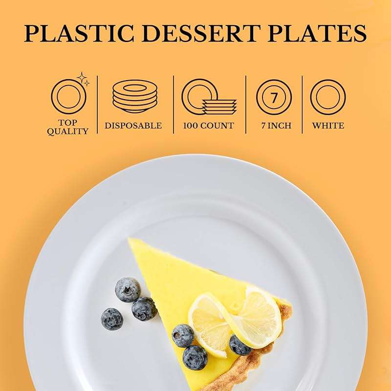 FOCUSLINE 100 Count White Plastic Dessert Plates 7 Inch, Disposable Heavy Duty Plastic Plates for Weddings, Parties and Events - Image 5