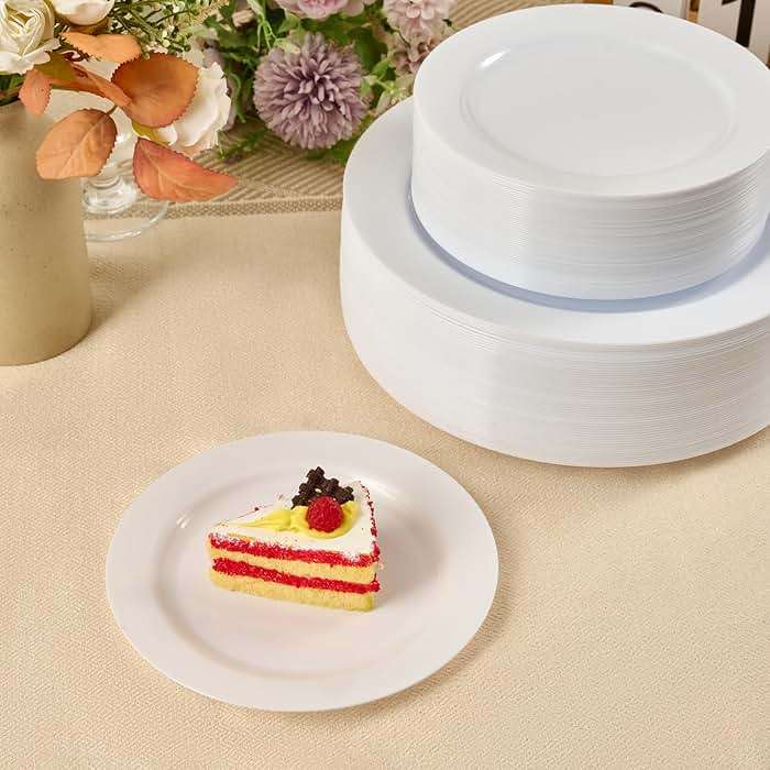 FOCUSLINE 100 Count White Plastic Dessert Plates 7 Inch, Disposable Heavy Duty Plastic Plates for Weddings, Parties and Events - Image 7