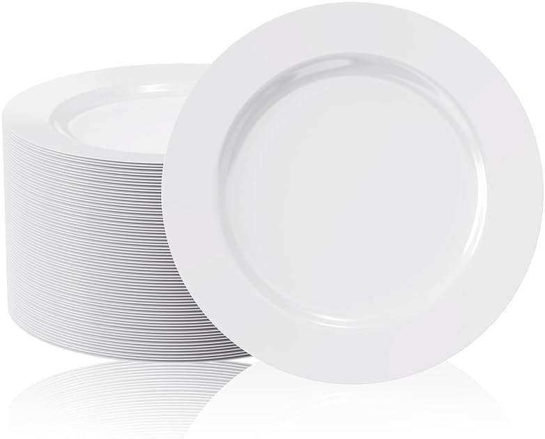 FOCUSLINE 100 Count White Plastic Plates 10 Inch, Disposable Heavy Duty Dinner Plates- Premium Hard Plastic Plates Fancy Disposable White Plates for Weddings, Parties and Events - Image 1