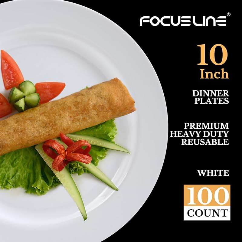 FOCUSLINE 100 Count White Plastic Plates 10 Inch, Disposable Heavy Duty Dinner Plates- Premium Hard Plastic Plates Fancy Disposable White Plates for Weddings, Parties and Events - Image 3
