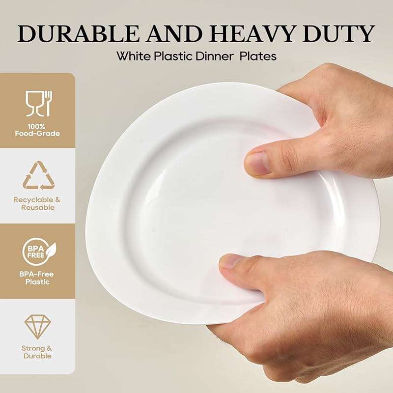 FOCUSLINE 100 Count White Plastic Plates 10 Inch, Disposable Heavy Duty Dinner Plates- Premium Hard Plastic Plates Fancy Disposable White Plates for Weddings, Parties and Events - Image 4